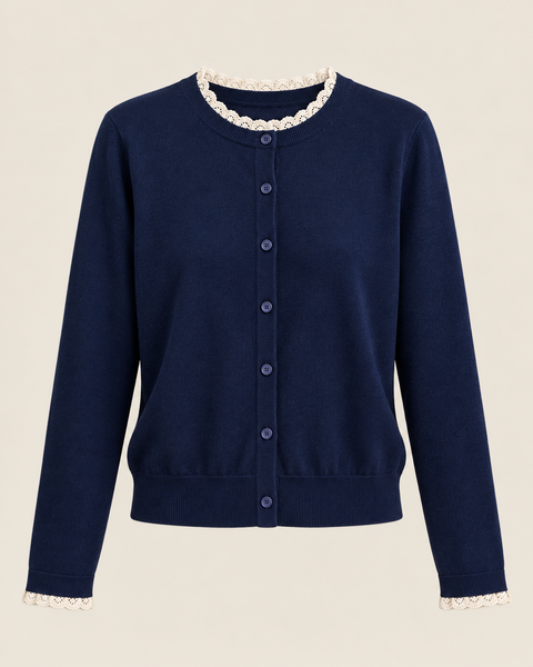 Camille midnight-navy cardigan with tonal buttons and ivory lace trim around the neckline and cuffs