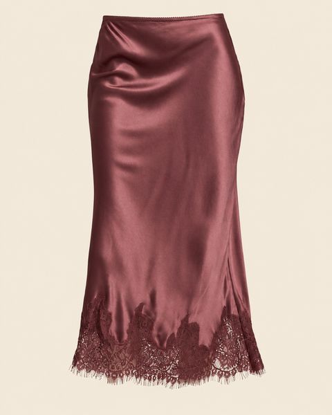 Camille midi skirt in mulberry satin with a fluid bias-cut silhouette and tonal floral lace hem