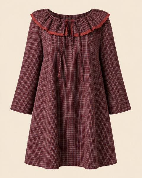 County Line mini dress in oxblood micro-check with a ruffled collar, rust trim, and front tie