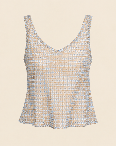 Roxie Tank in powder-blue shimmer check with wide straps, a soft V-neckline, and a fitted silhouette