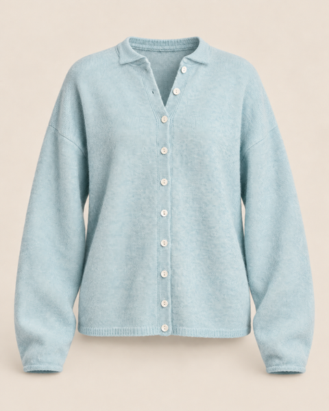 Soft Focus brushed knit cardigan in powder blue with a petite collar and white buttons