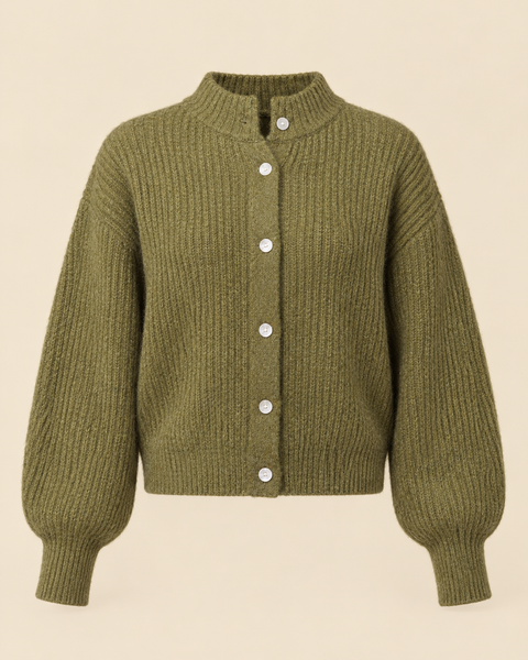 The Form Cardigan in moss olive brushed rib knit with pearly buttons and balloon sleeves