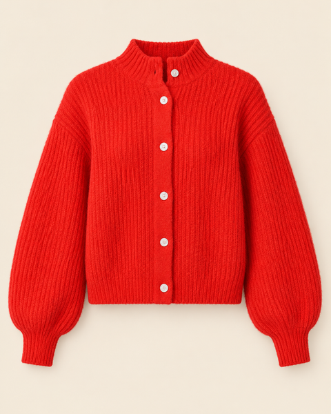 The Form Cardigan in tomato red brushed rib knit with pearly buttons and balloon sleeves