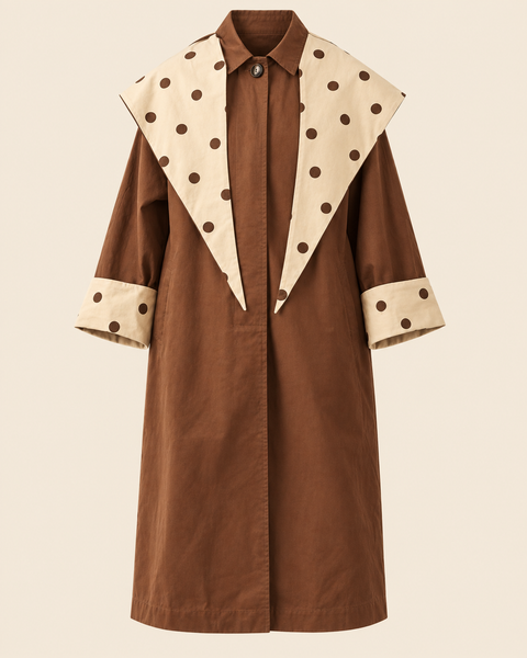 The Itzi Coat in tobacco brown with an oversized cream polka-dot collar, contrast cuffs, and a relaxed longline silhouette