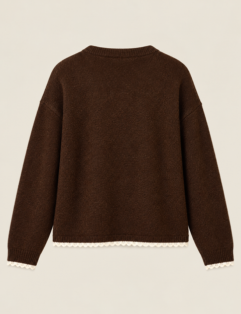Itzi Cardigan in espresso with cream lace trim, back view