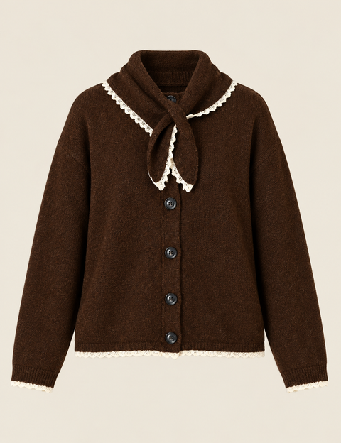 Itzi Cardigan in espresso with detachable lace-trim scarf, front view
