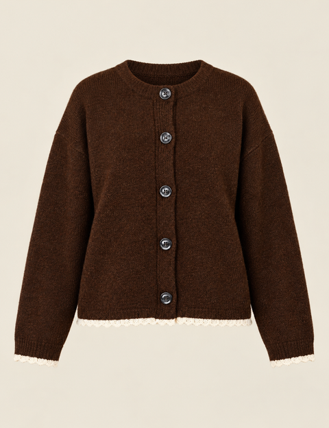 Itzi Cardigan in espresso without detachable scarf, front view