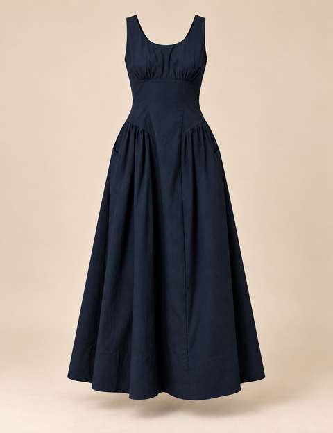 Margaux Dress in Navy with a gathered bust, sculpted drop waist, full skirt, and side pockets, front view.